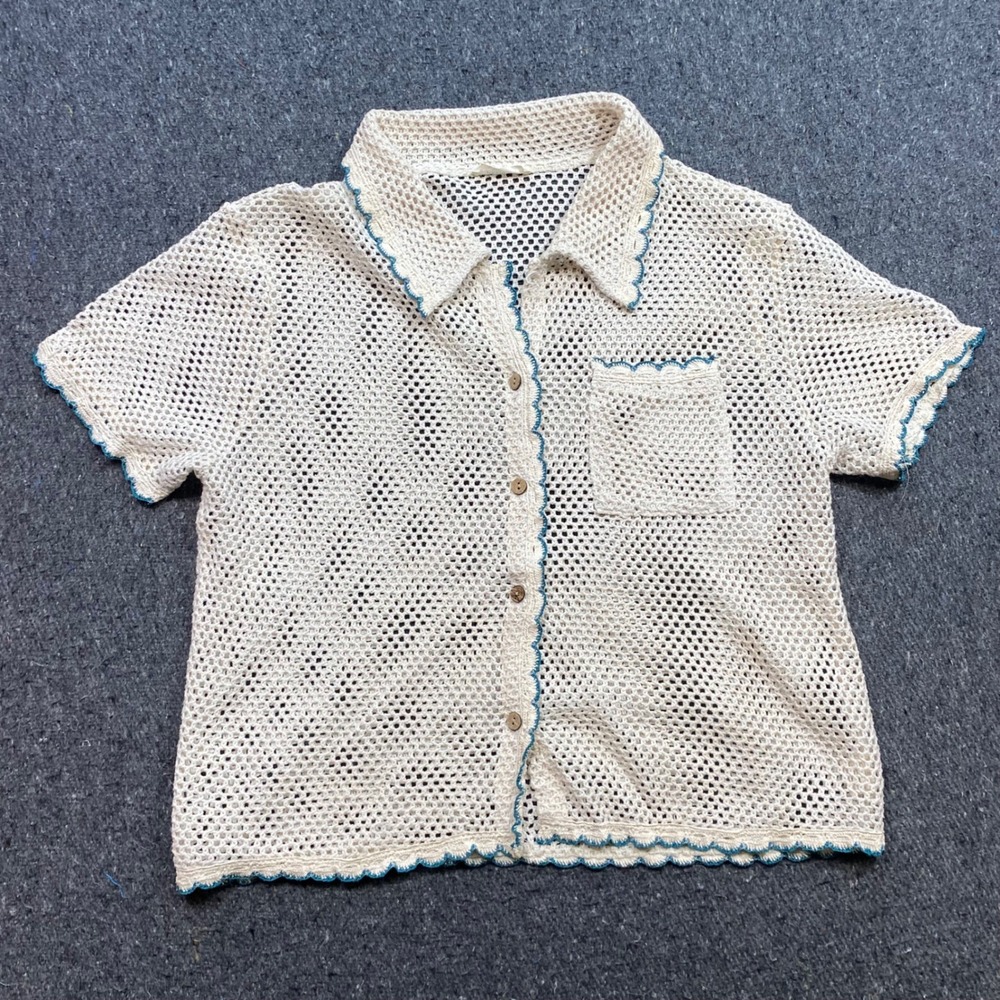 Akdiv Crochet Knit Shirt Sz L Womens Cream Boho Scallop Trim Button Front Top